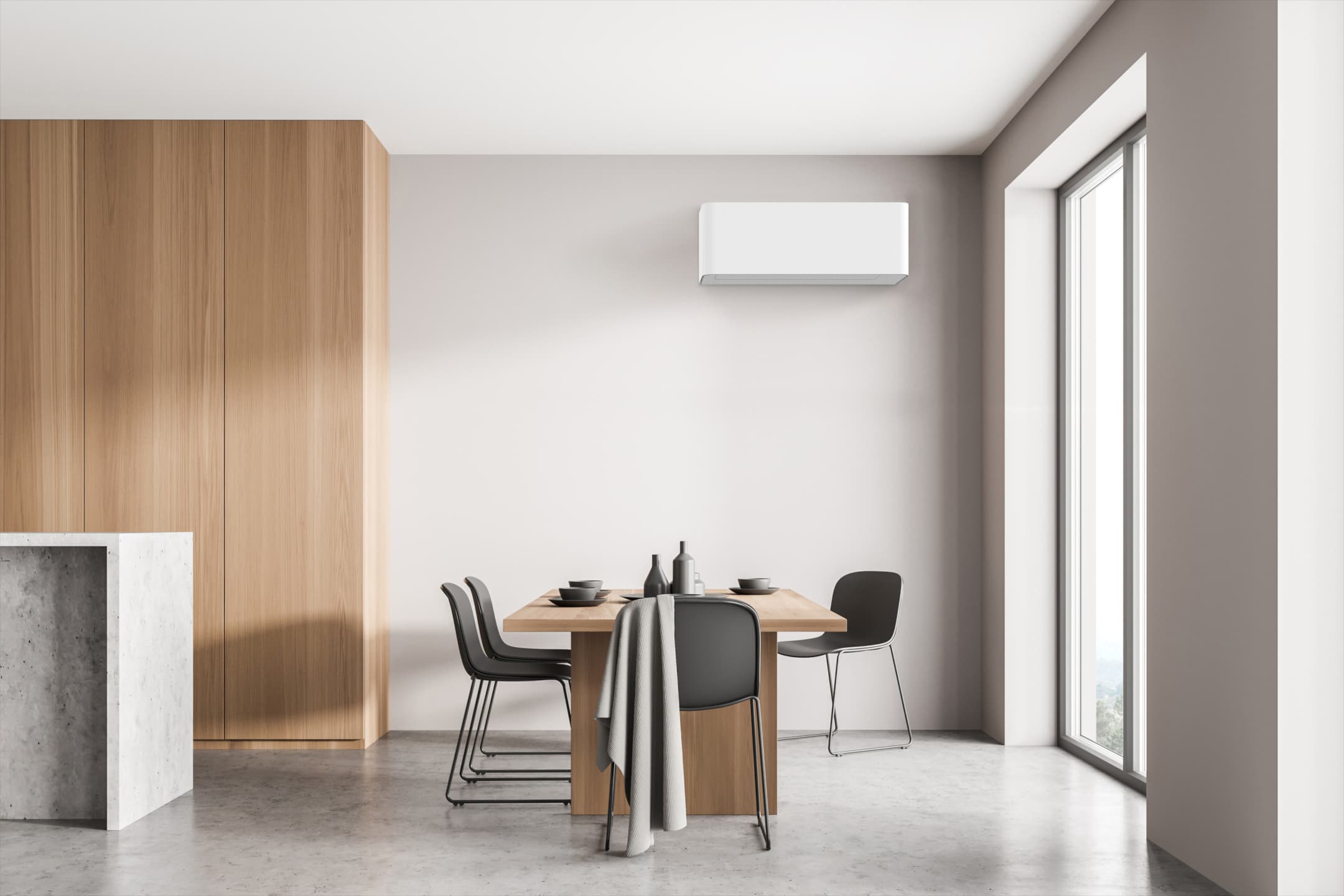 Toshiba air conditioning unit in a modern kitchen and dining space