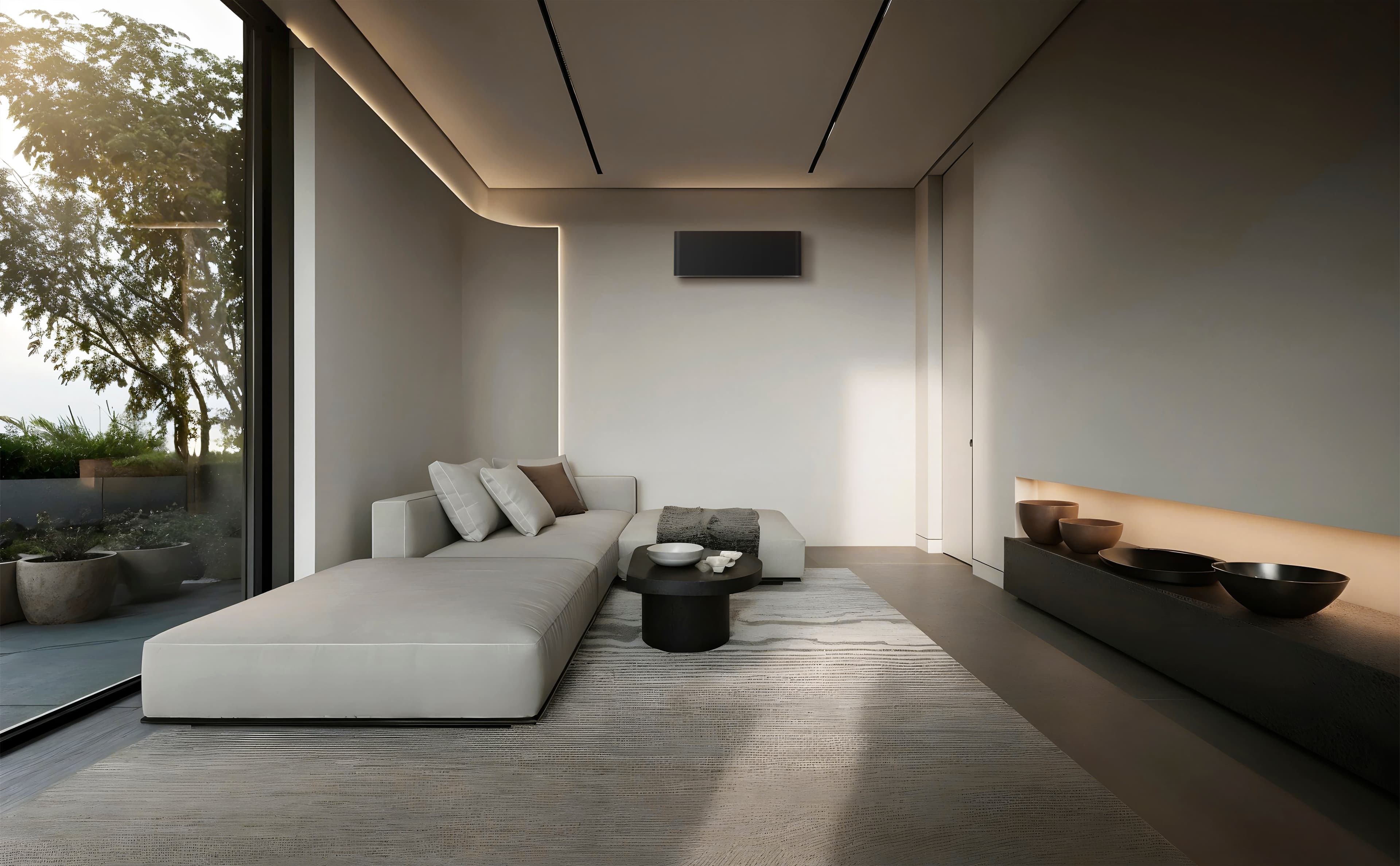 Toshiba SHORAI Curve air conditioning unit in a modern living room